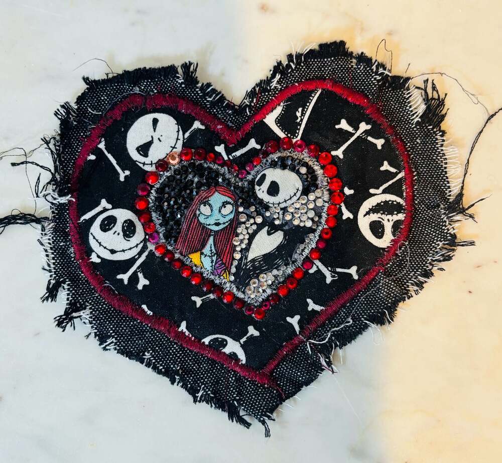 Rhinestoned Handmade Disney The Nightmare Before Christmas  Denim Heart Patch